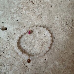 Baby Pink Quartz Beaded Elastic Bracelet with Evil Eye & Gold Charm
